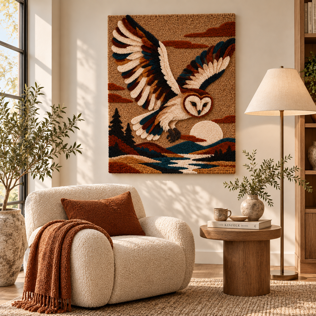 Hewn Earth wall art featuring a barn owl perched over a river scene, suitable for decorating living rooms or bedrooms.
