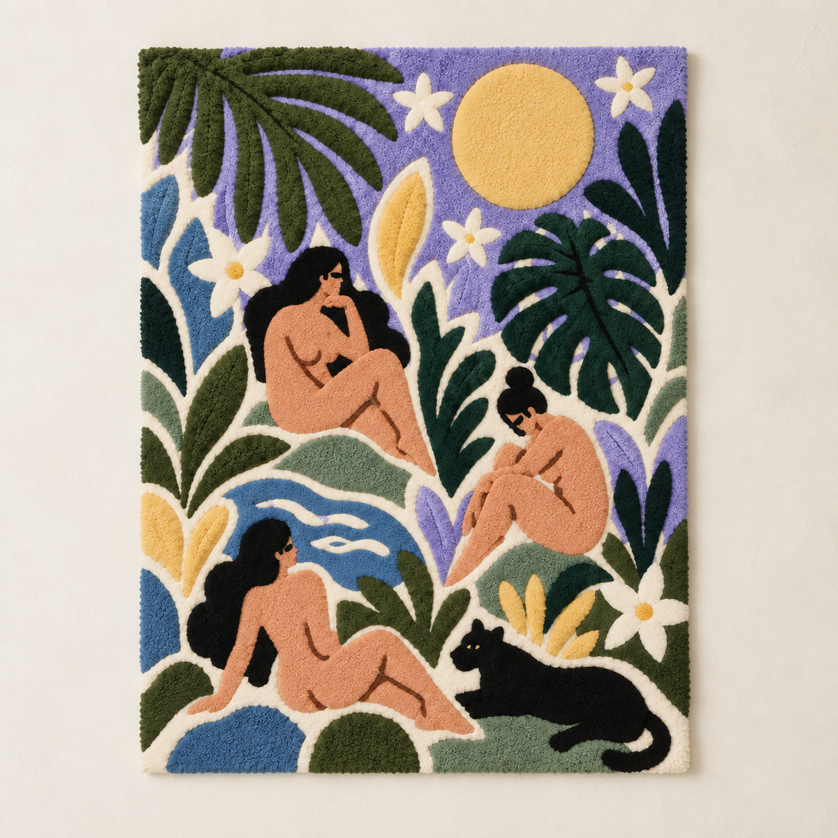 Wall art titled Bathers Beneath the Lavender Moon by Hewn Earth, featuring a serene scene with bathers under a lavender moon.