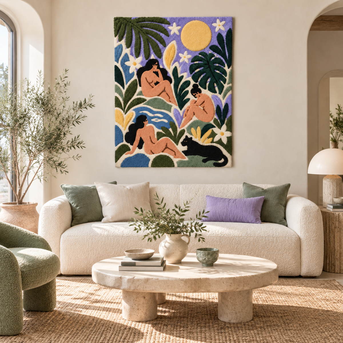 Wall art titled "Bathers Beneath the Lavender Moon" by Hewn Earth, featuring a serene scene of bathers under a lavender moon.