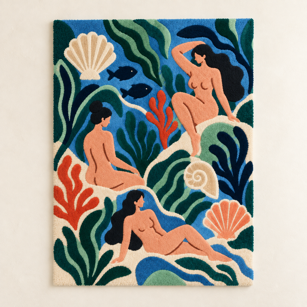 Hewn Earth wall art titled "Bathers in the Sea Garden" depicting colorful bathers in a vibrant garden scene.