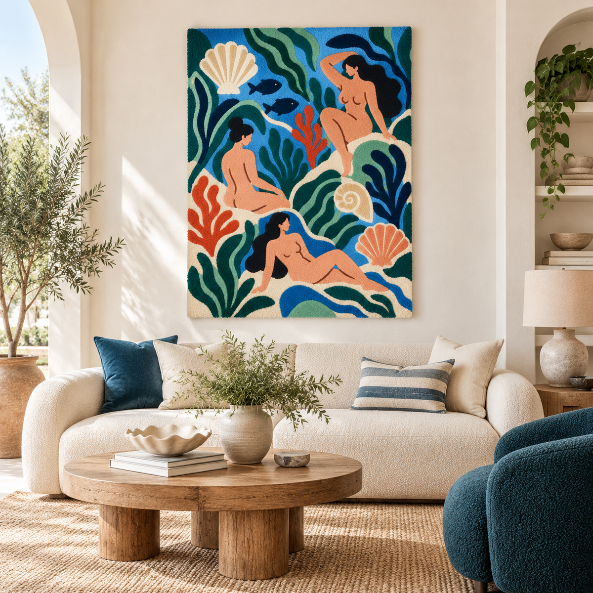 Hewn Earth wall art titled "Bathers in the Sea Garden" featuring a serene scene of bathers in a vibrant garden setting.