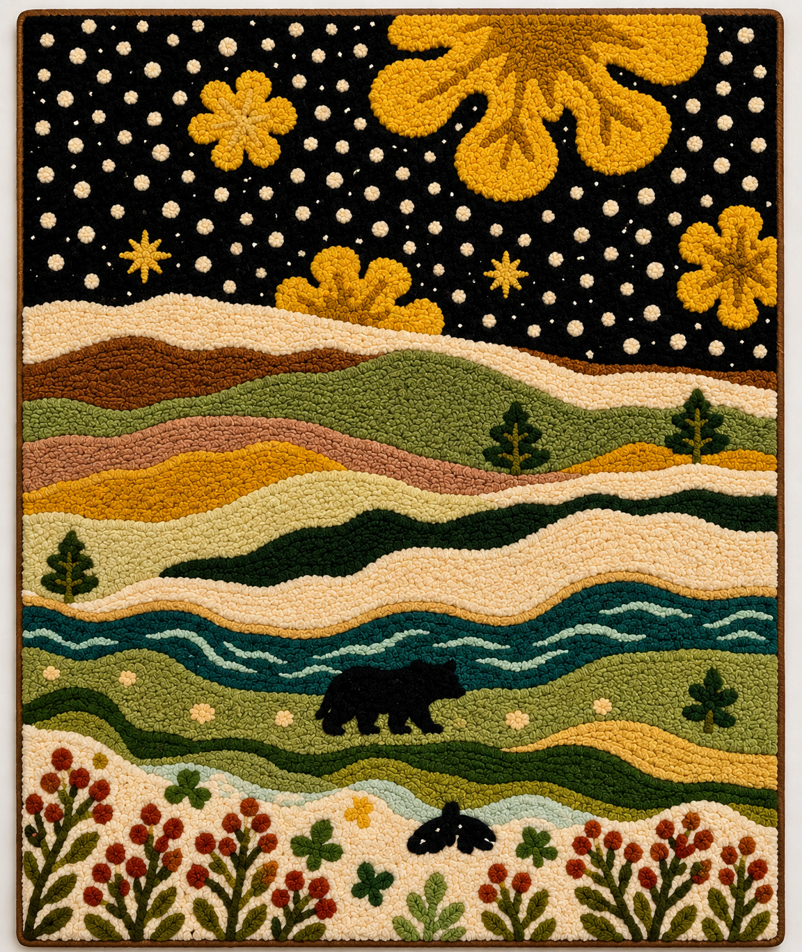 Hewn Earth wall art titled "Bear Beneath the Golden Sky" featuring a bear under a vibrant sunset sky, suitable for home decor.