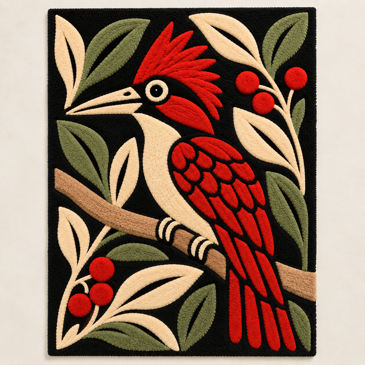 Woodpecker wall art featuring a berry bough design by Hewn Earth, showcasing detailed natural wood and botanical elements.
