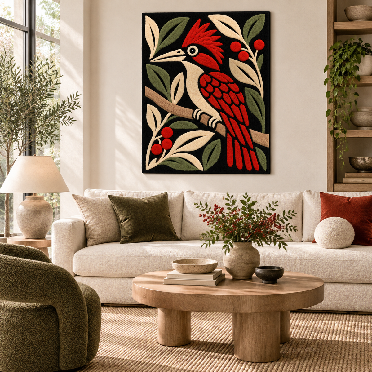 Hewn Earth Berry Bough Woodpecker wall art featuring a detailed woodpecker perched on a berry bough against a neutral background
