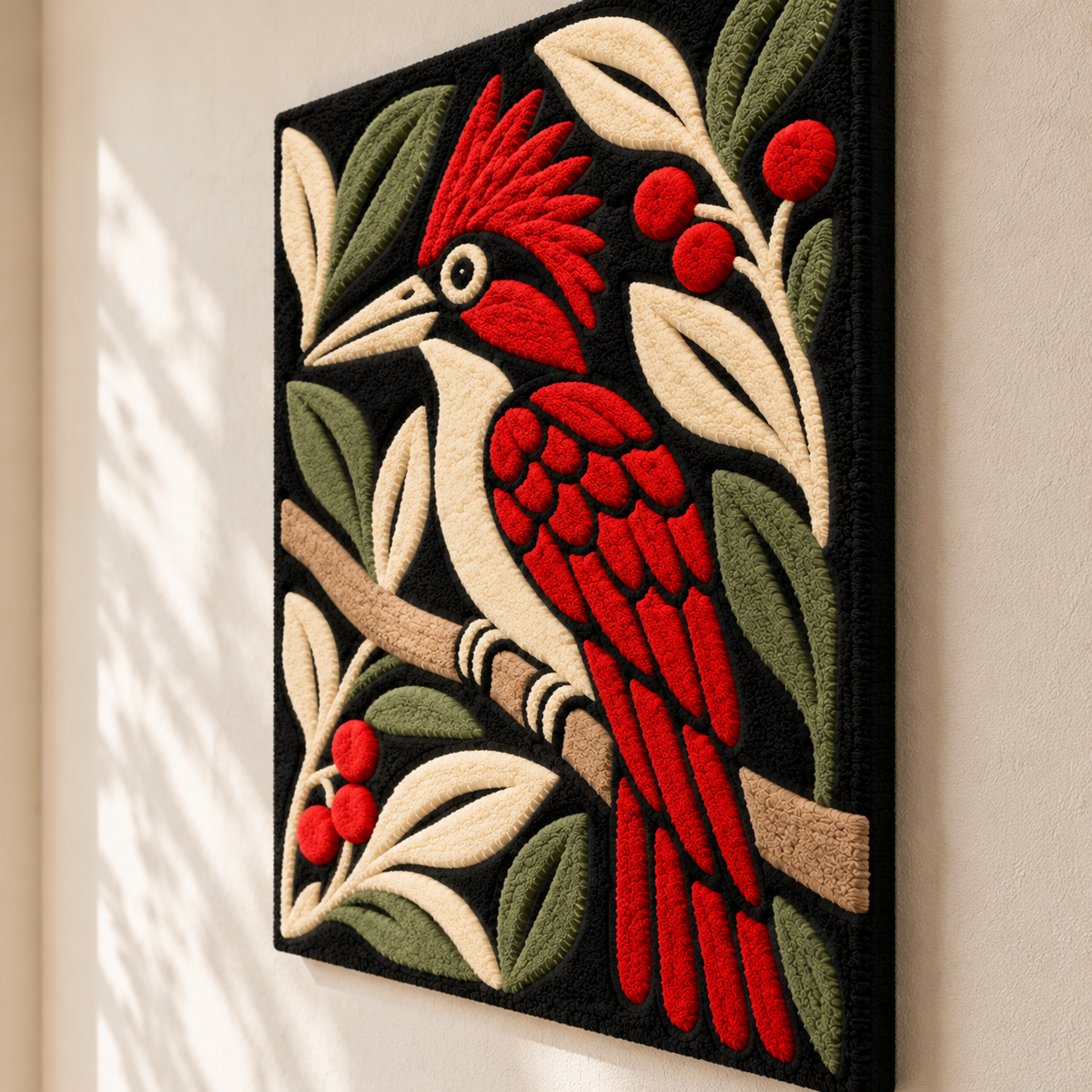 Hewn Earth Berry Bough Woodpecker wall art featuring a detailed illustration of a woodpecker perched on berry boughs.