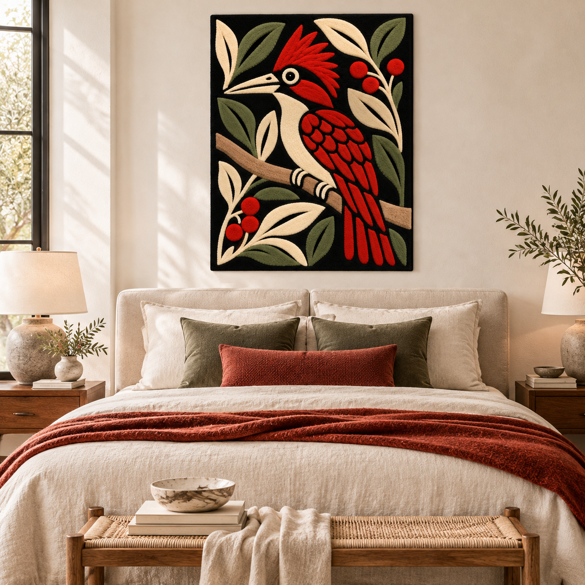 Hewn Earth Berry Bough Woodpecker wall art hanging on a wall in a cozy room scene, featuring detailed bird illustration.