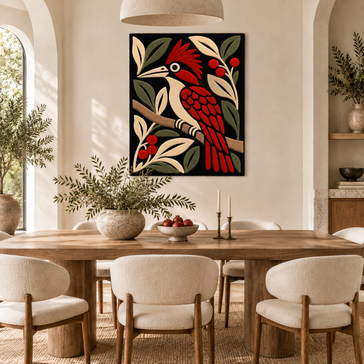 Hewn Earth Berry Bough Woodpecker wall art displayed on a living room wall, showcasing detailed nature-inspired wooden design.