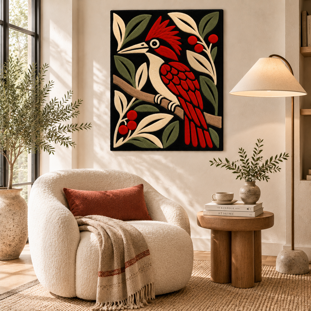 Hewn Earth Berry Bough Woodpecker wall art hanging on a wall in a cozy room scene. Natural wood and bird design.