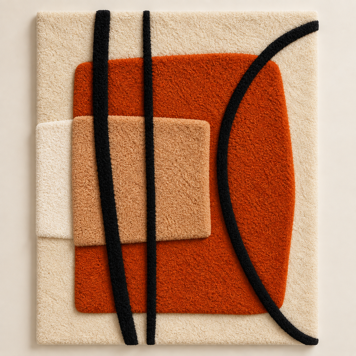 Black arc wall art by Hewn Earth featuring a minimalist design over a textured clay square background.