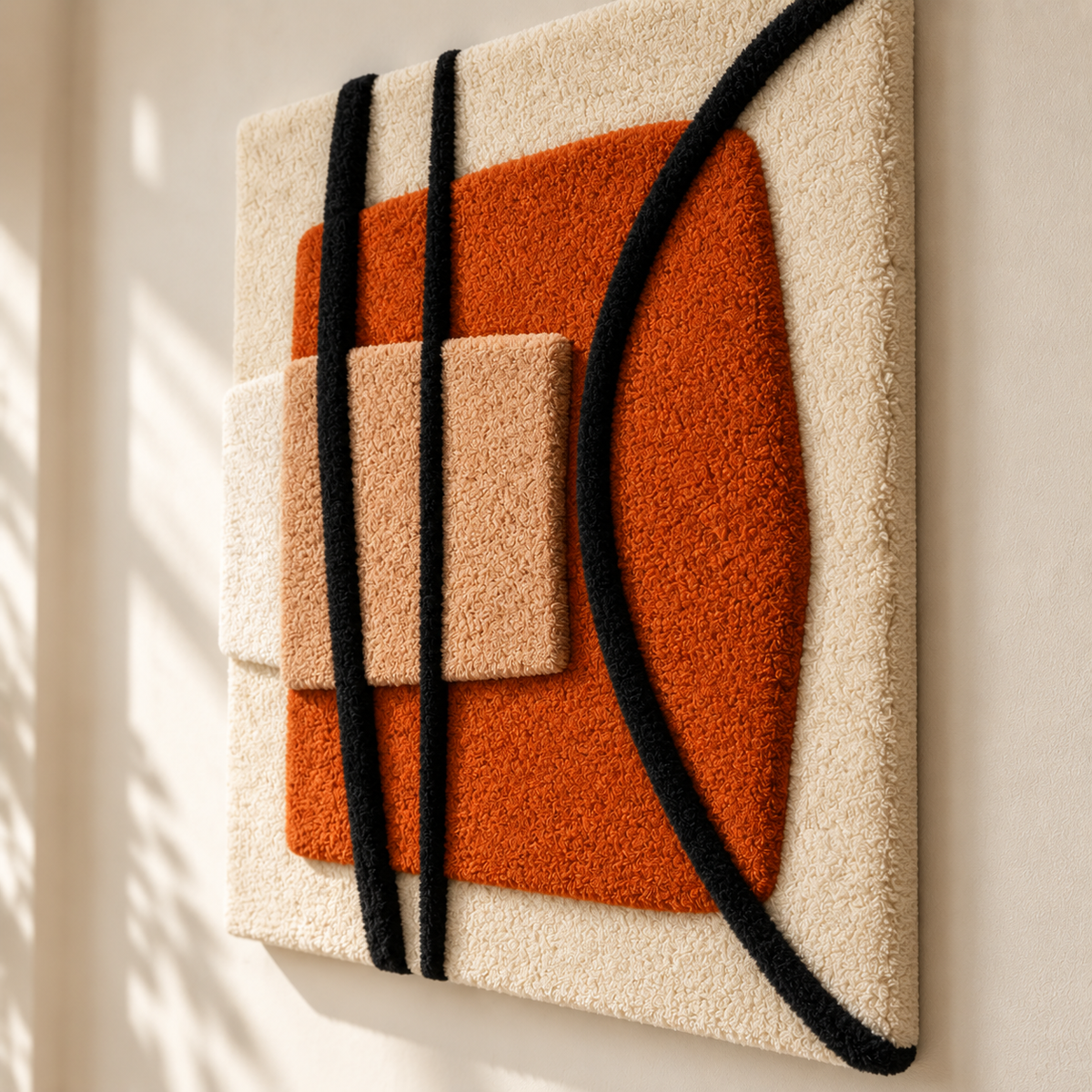 Black arc wall art by Hewn Earth featuring a smooth black arc over a textured clay square, viewed from an angled perspective.