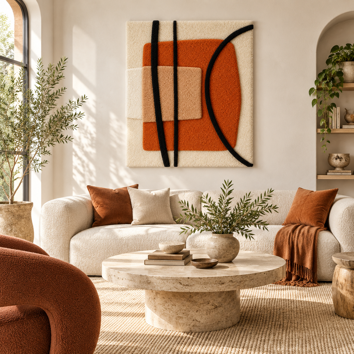 Hewn Earth black arc wall art over a clay square, modern ceramic wall decor with geometric design for contemporary interior.