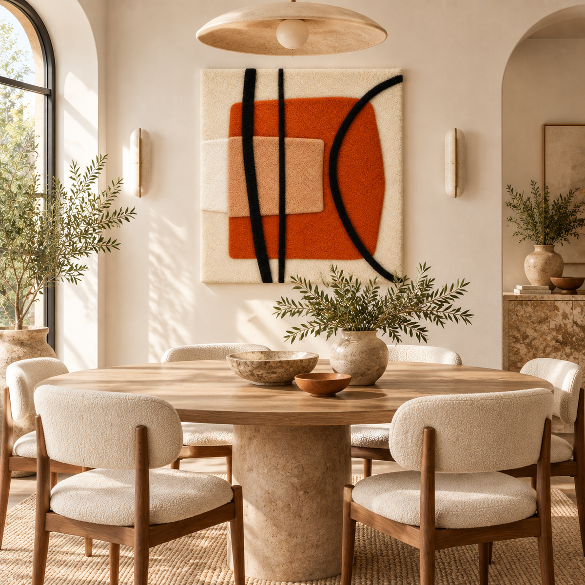 Hewn Earth wall art featuring a black arc over a clay square, modern geometric design, displayed in a room setting.