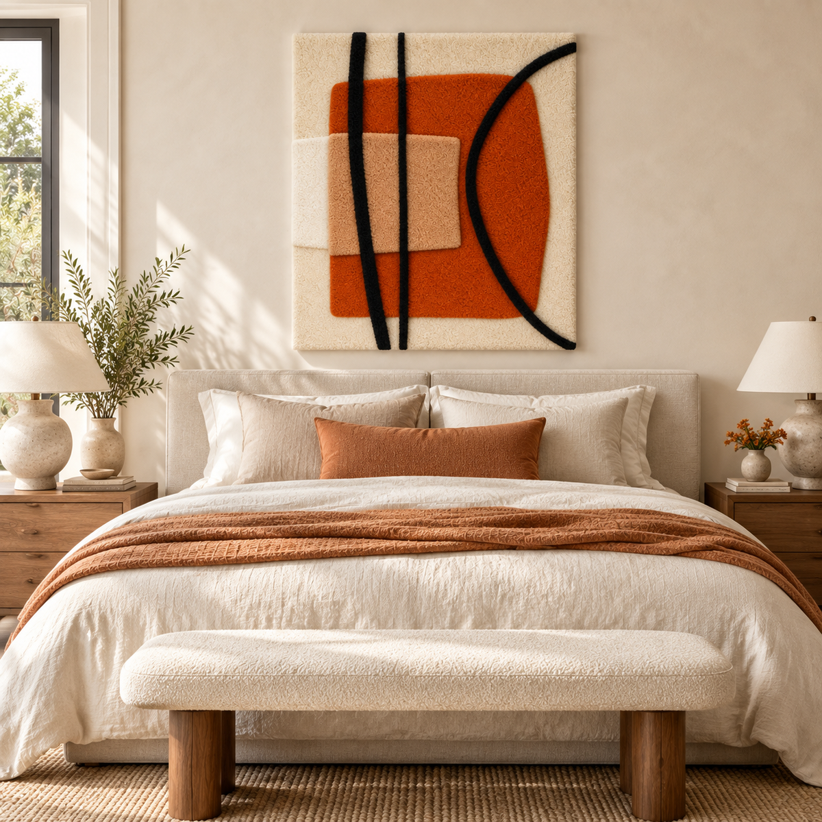 Black arc wall art over a clay square, modern Hewn Earth design, displayed as a stylish room decor piece.