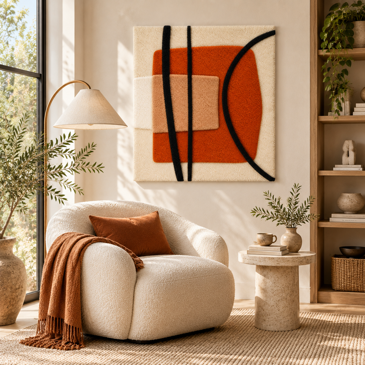 Black arc wall art by Hewn Earth featuring a clay square, modern geometric design for contemporary interior decor.
