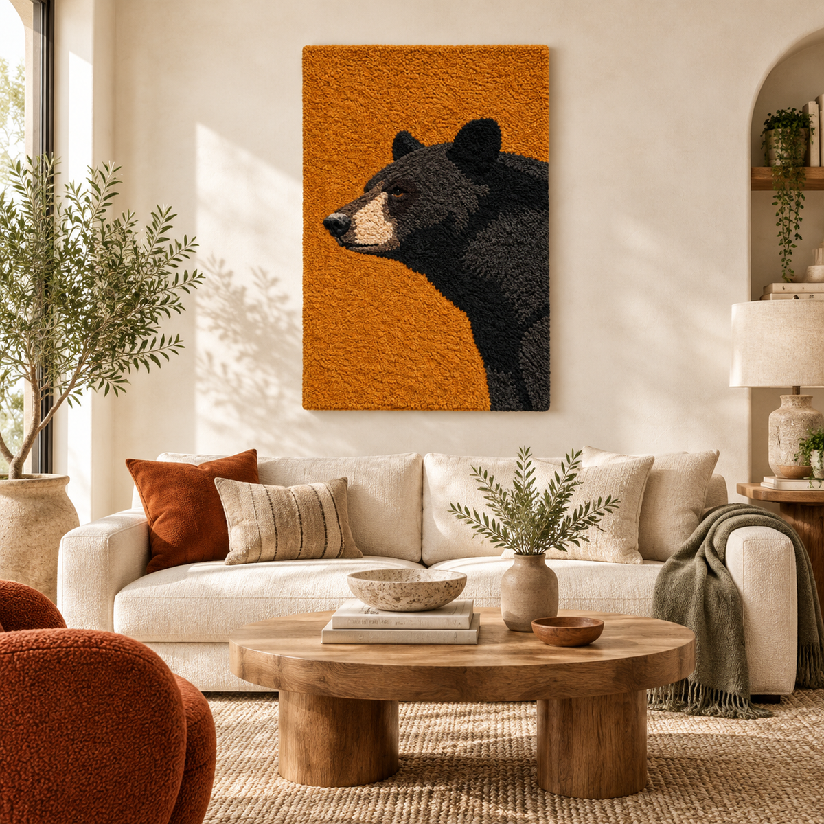 Hewn Earth black bear wall art on amber background, showcasing a detailed 3D design in a room scene.