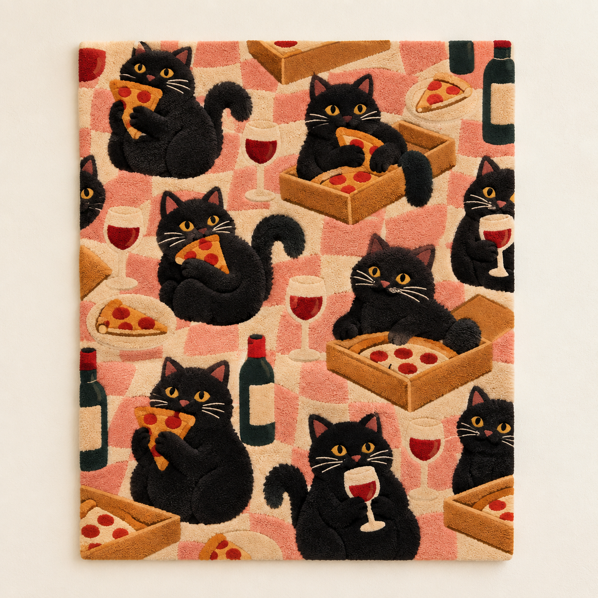 Black Cats at the Pizza Party wall art by Hewn Earth featuring playful black cats enjoying a pizza scene.