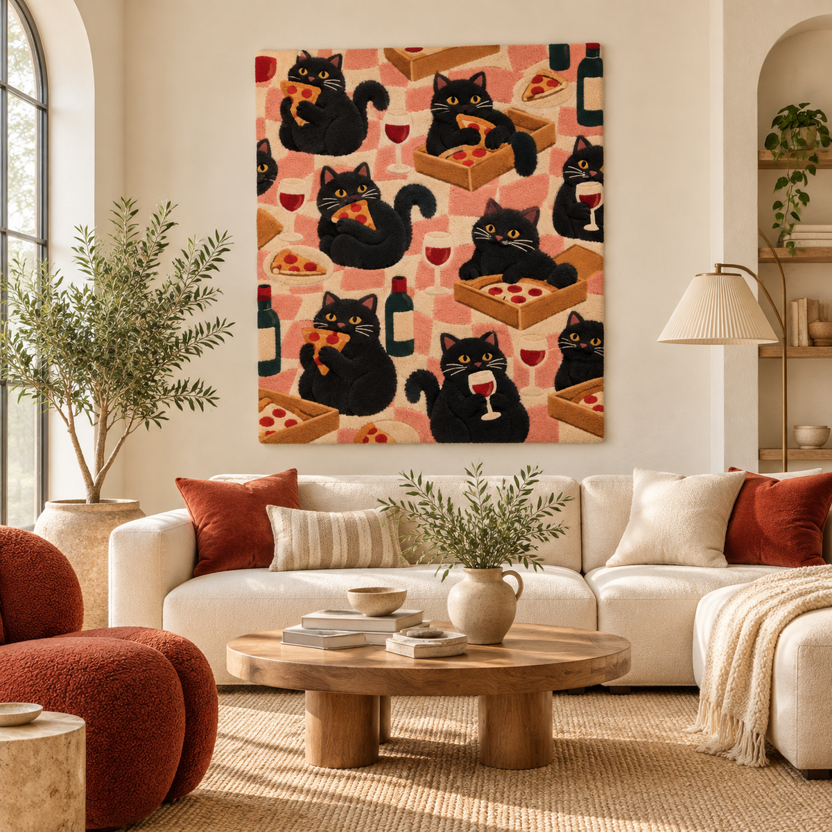 Wall art featuring black cats at a pizza party, by Hewn Earth, showing a playful indoor scene with cats and pizza slices.