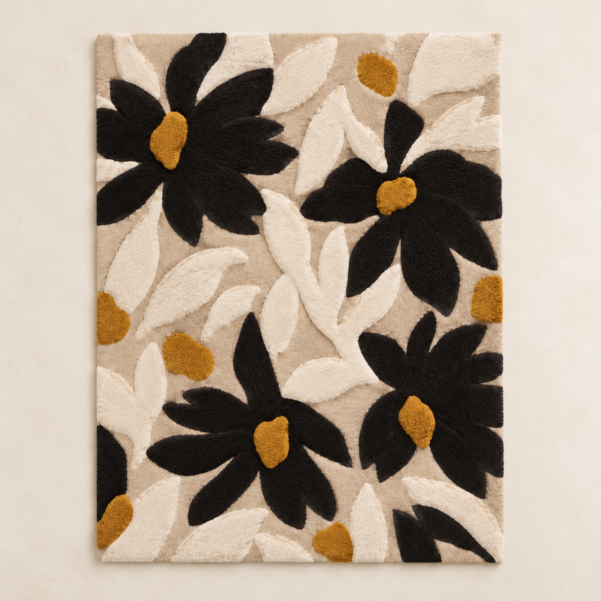 Black daisies and ochre seeds wall art by Hewn Earth, featuring a modern botanical design with dark and warm tones.
