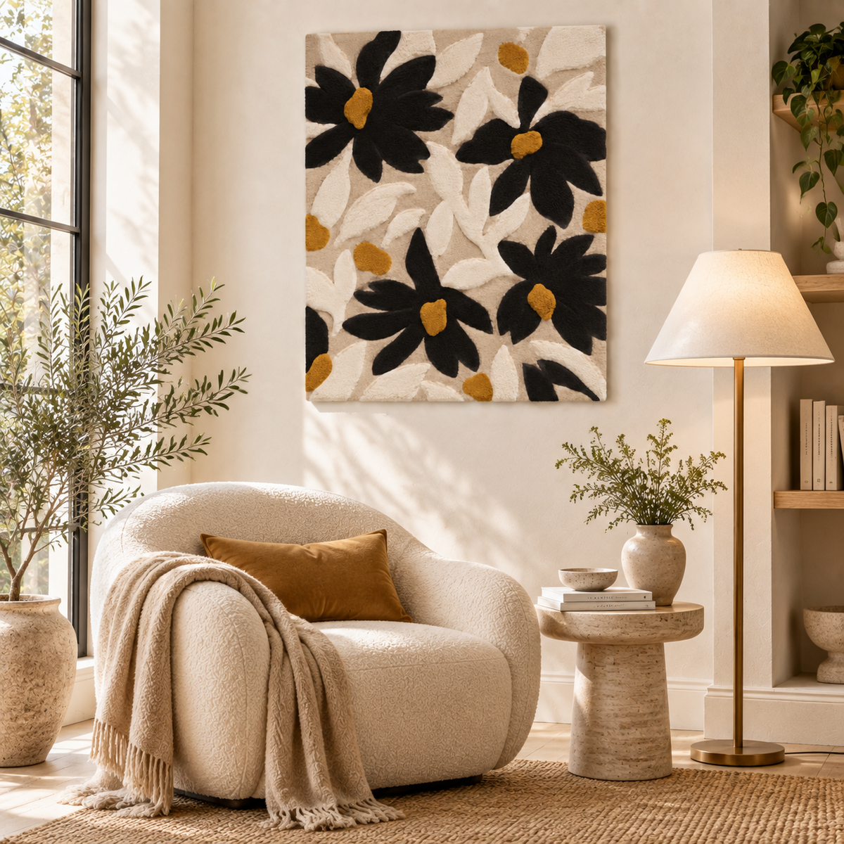 Hewn Earth wall art featuring black daisies and ochre seeds in a room scene, showcasing a botanical-inspired decorative piece.