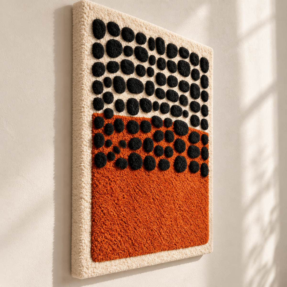 Hewn Earth wall art featuring black pebbles layered over a clay horizon, creating a textured, nature-inspired decorative piece.
