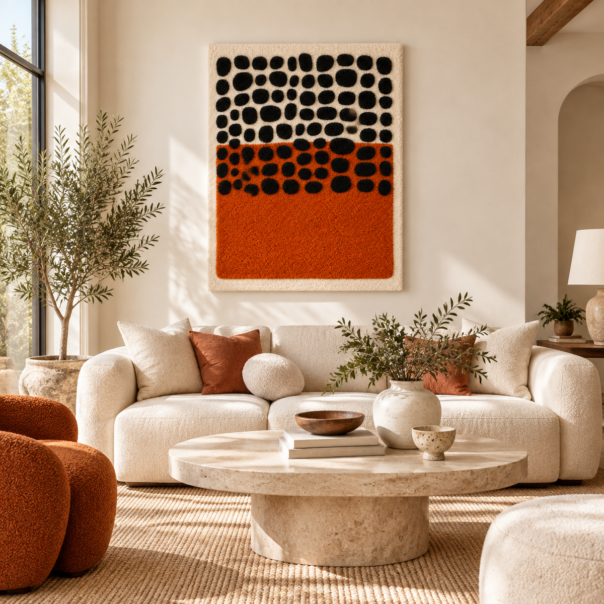 Hewn Earth wall art featuring black pebbles over a clay horizon, displayed in a room setting for modern interior decor.