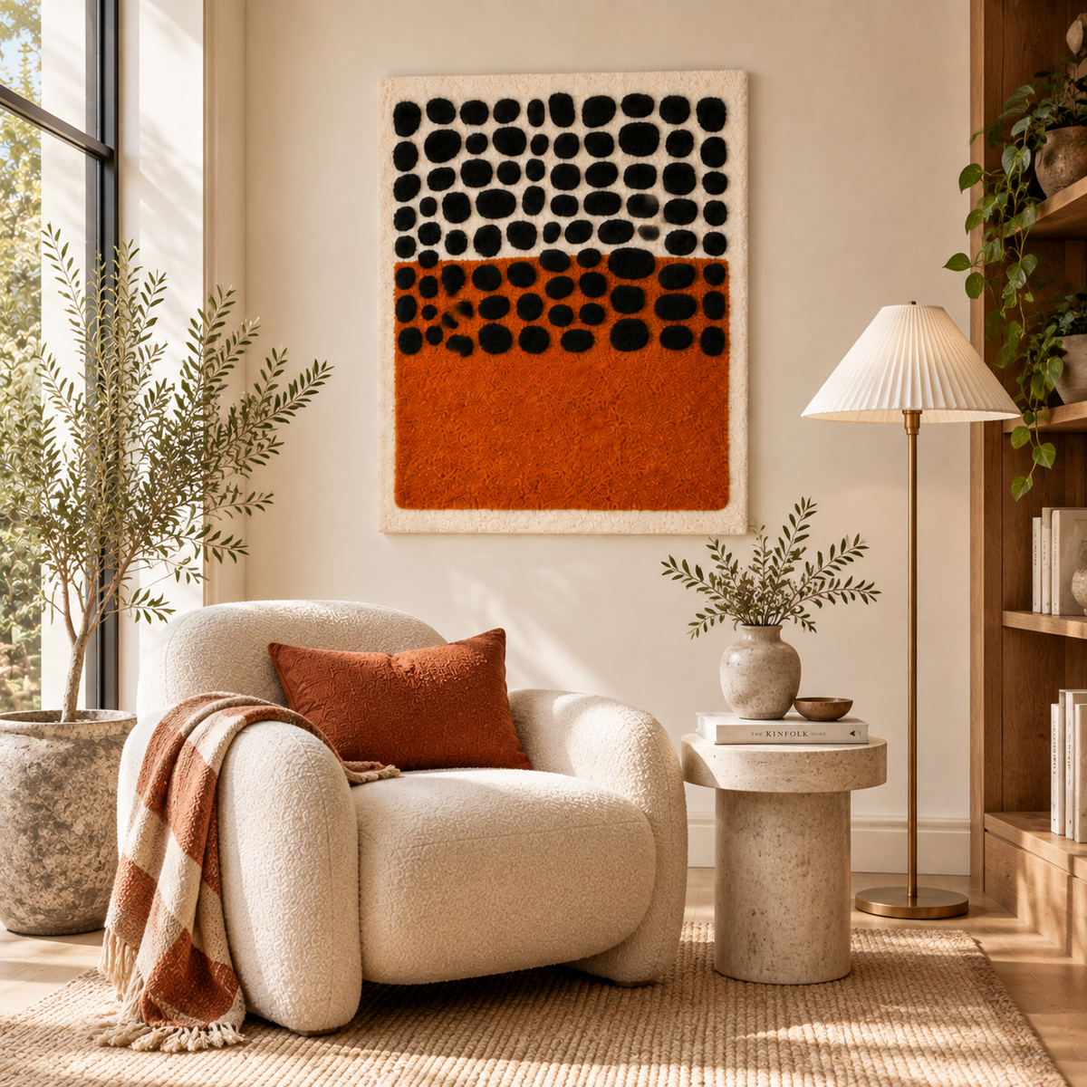 Hewn Earth wall art featuring black pebbles over a clay horizon, showcasing textured black stones against a warm clay background.
