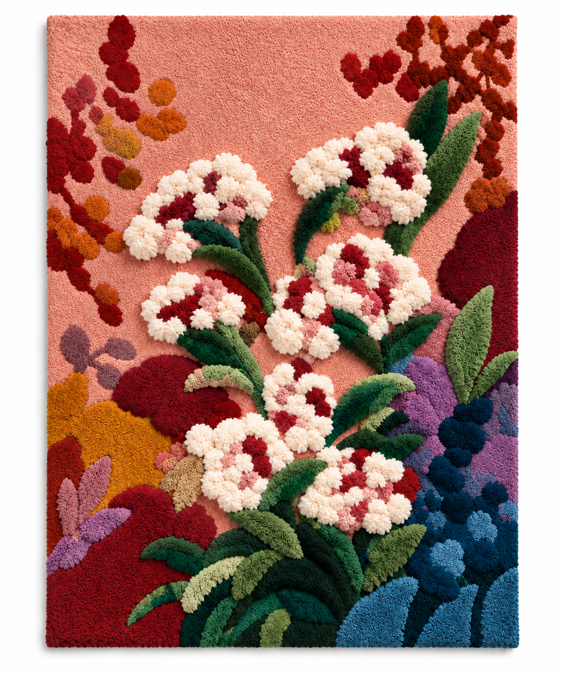 Hewn Earth wall art featuring vibrant blossoms at coral hour, showcasing colorful floral design on a decorative wall piece.