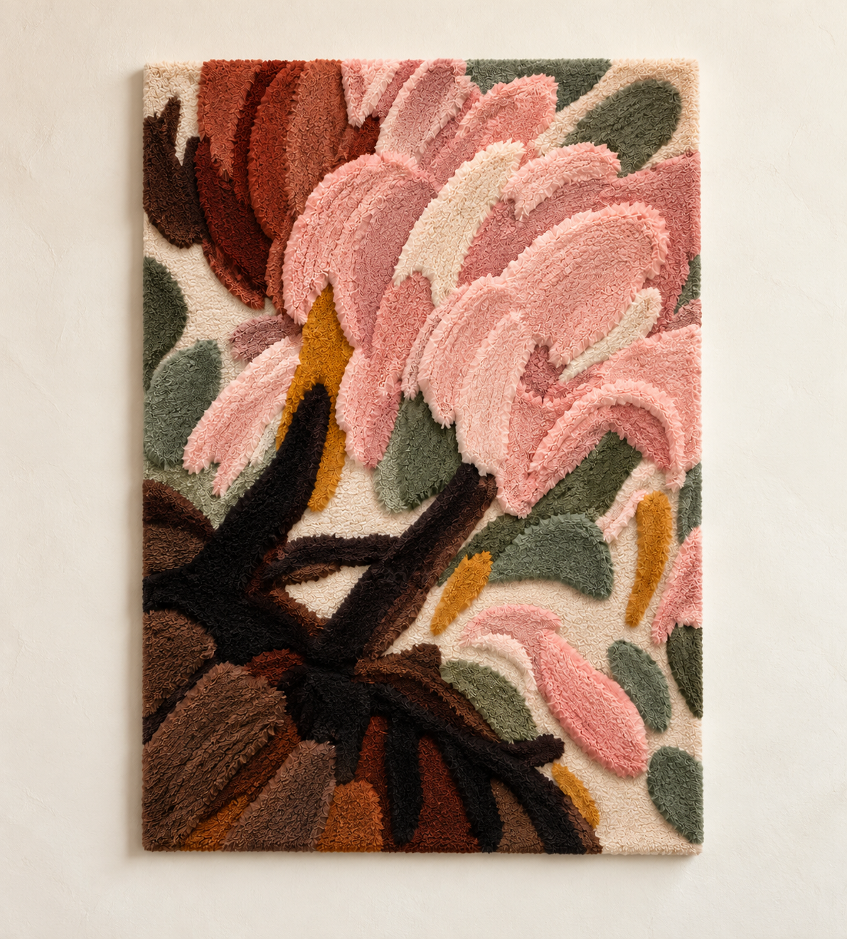 Hewn Earth wall art featuring a floral design titled "Blossoms in the Copper Grove" with vibrant blossoms and natural tones.