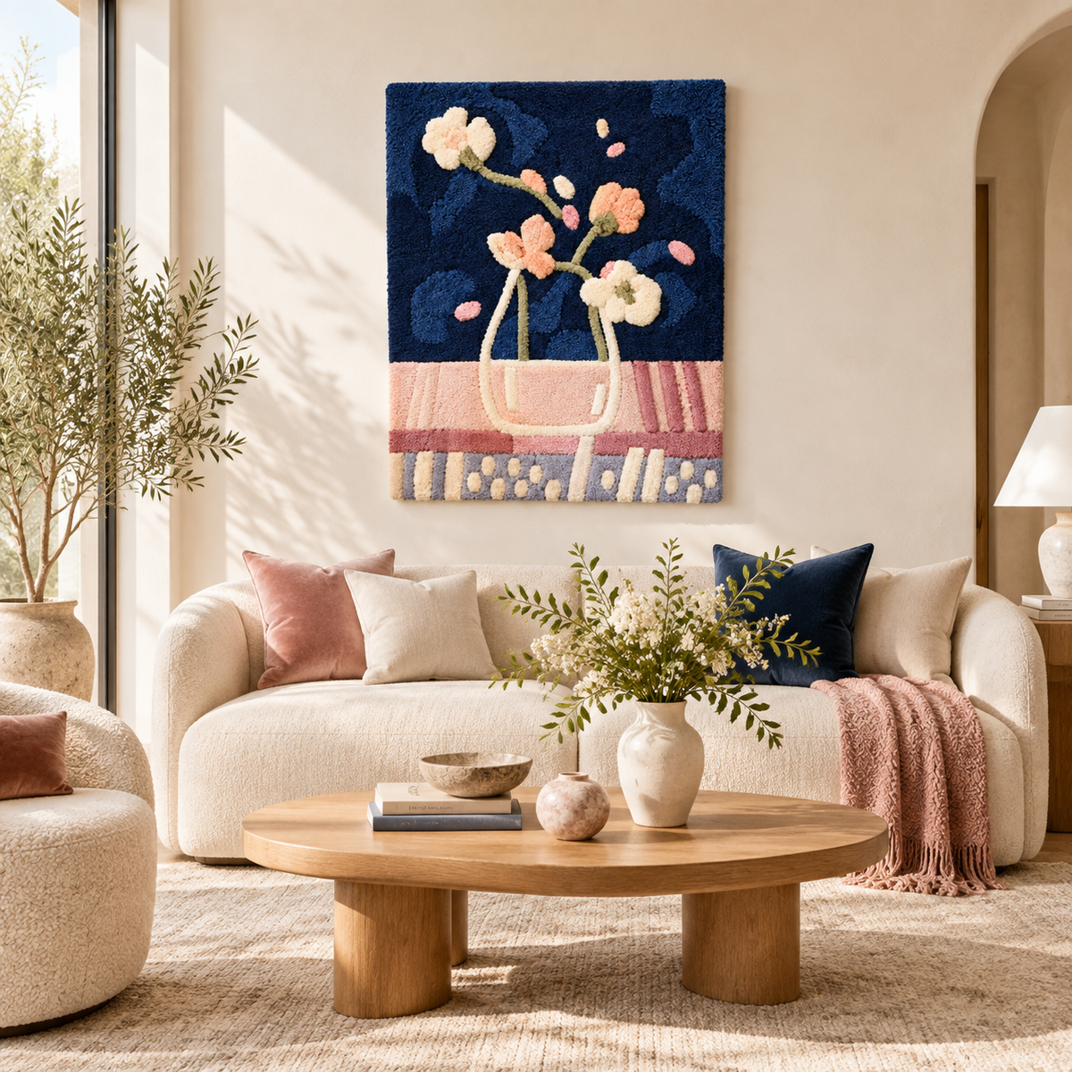 Blossoms on the Midnight Table — front-facing room scene