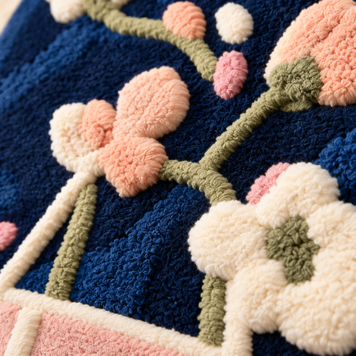 Blossoms on the Midnight Table — tufted wool texture detail