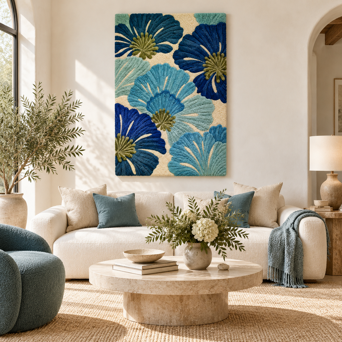 Blue Anemone Chorus wall art by Hewn Earth featuring vibrant blue floral design for home decor.