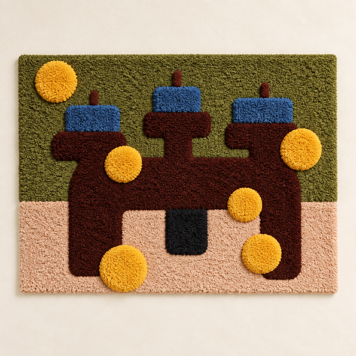 Hewn Earth wall art featuring blue bars and ochre-colored discs with abstract, modern design on a neutral background.