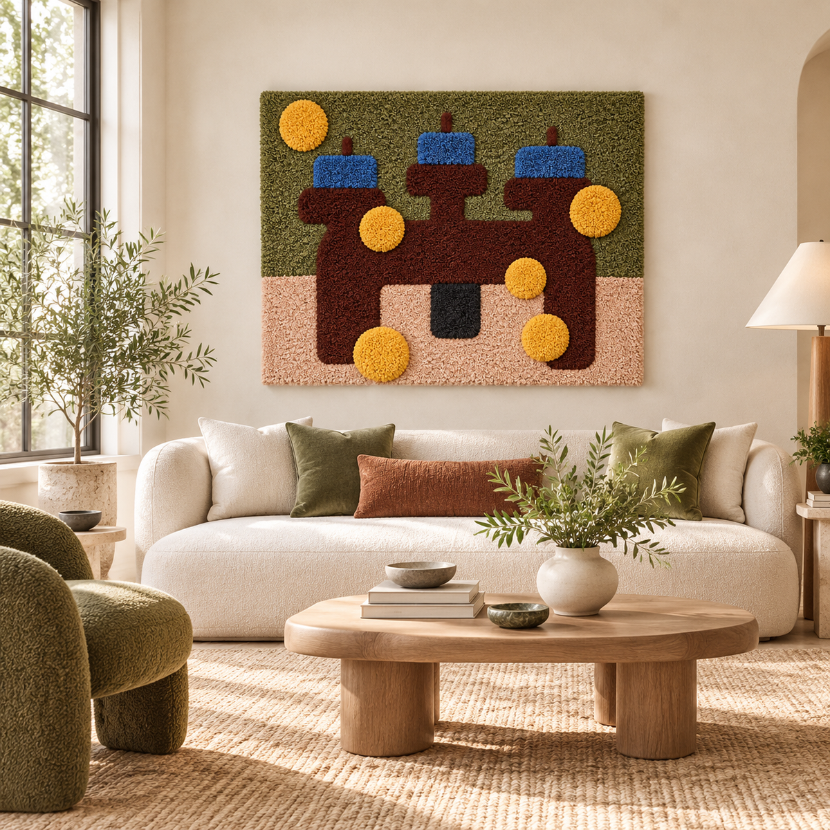 Hewn Earth wall art featuring blue bars and ochre discs arranged in a modern geometric design on a neutral background.