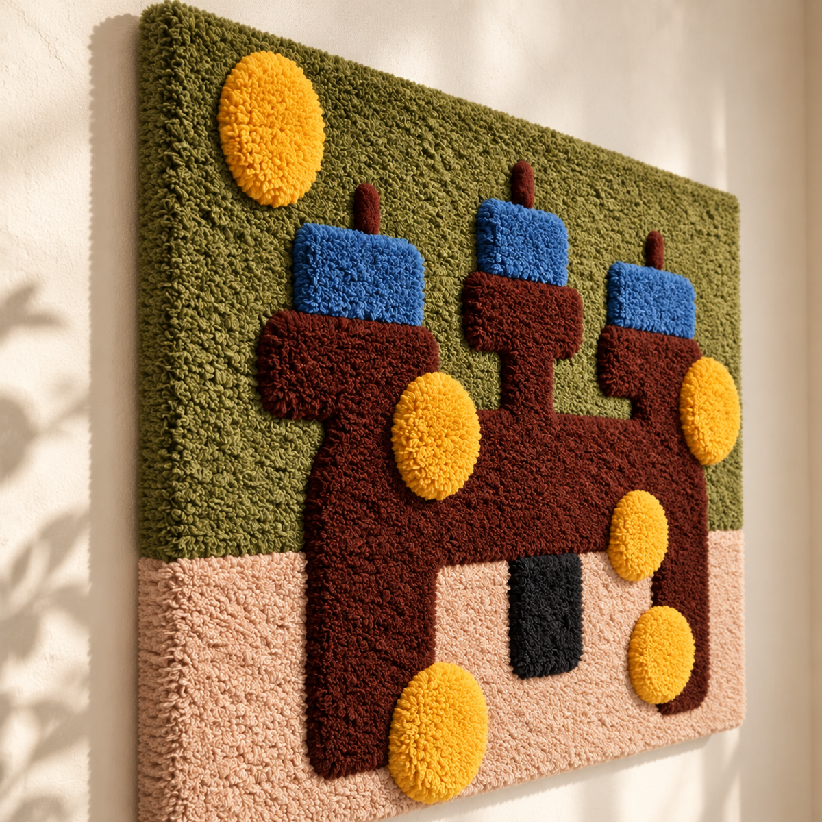 Hewn Earth wall art featuring blue bars and ochre discs with an angled view, modern abstract design for contemporary decor.