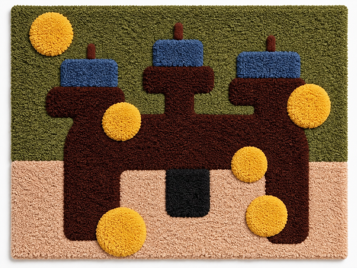 Hewn Earth wall art featuring blue bars and ochre-colored discs on a neutral background, modern and abstract decorative piece.