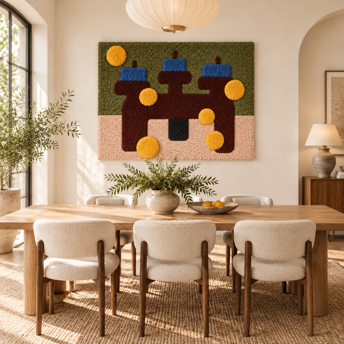 Hewn Earth wall art featuring blue bars and ochre discs displayed in a modern room scene.