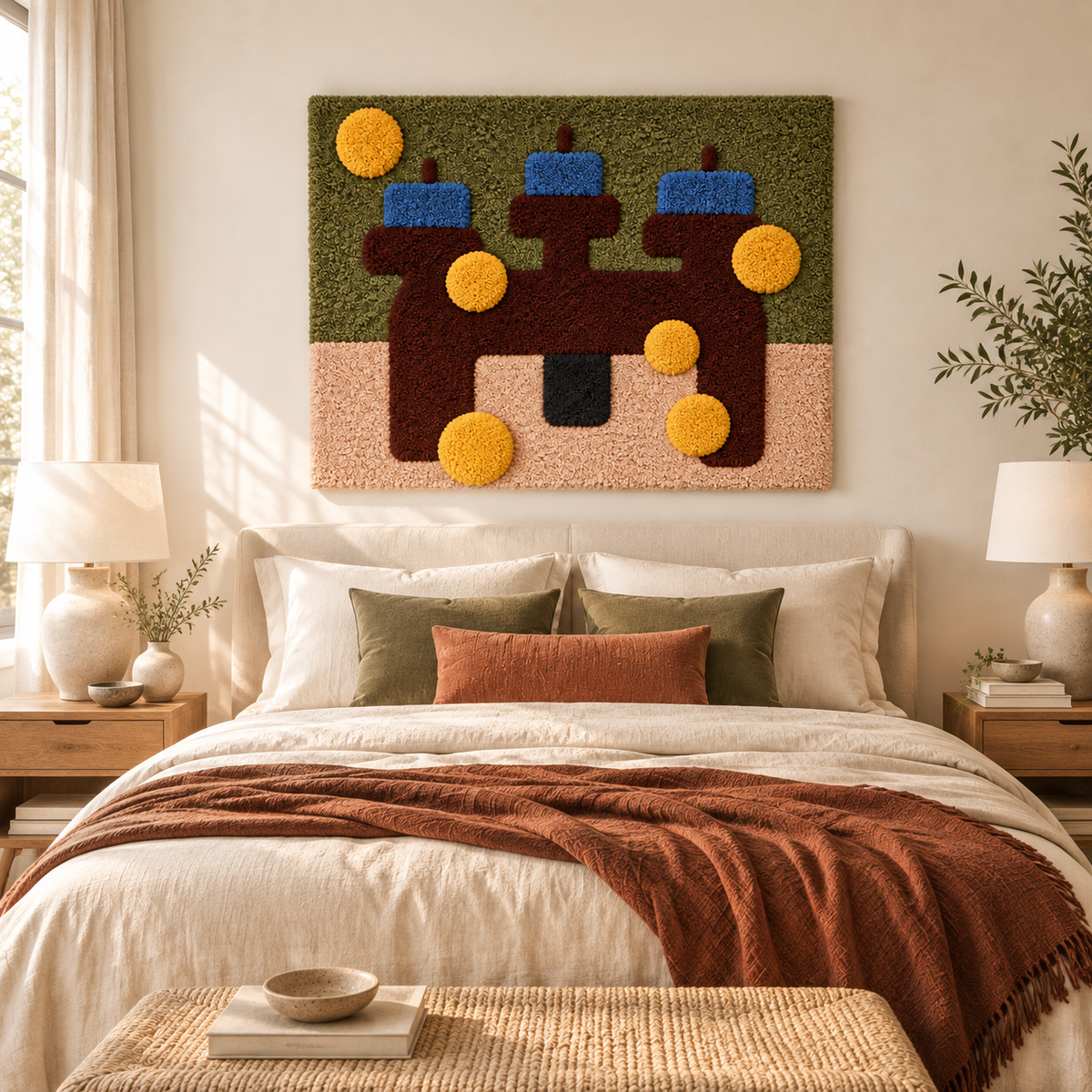 Hewn Earth wall art featuring blue bars and ochre discs mounted on a wall in a modern room interior.