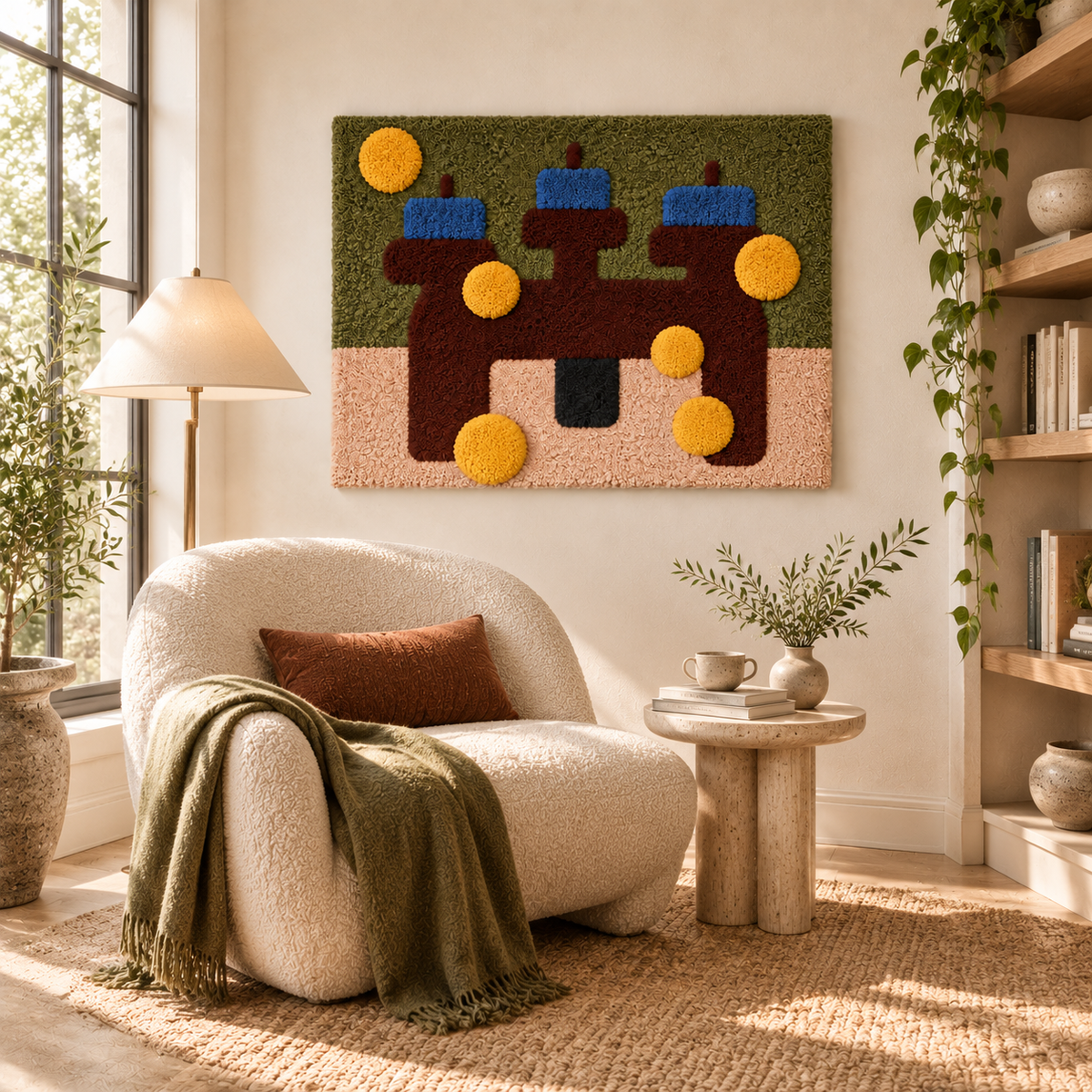 Hewn Earth wall art featuring blue bars and ochre discs hanging in a modern room decor setting.