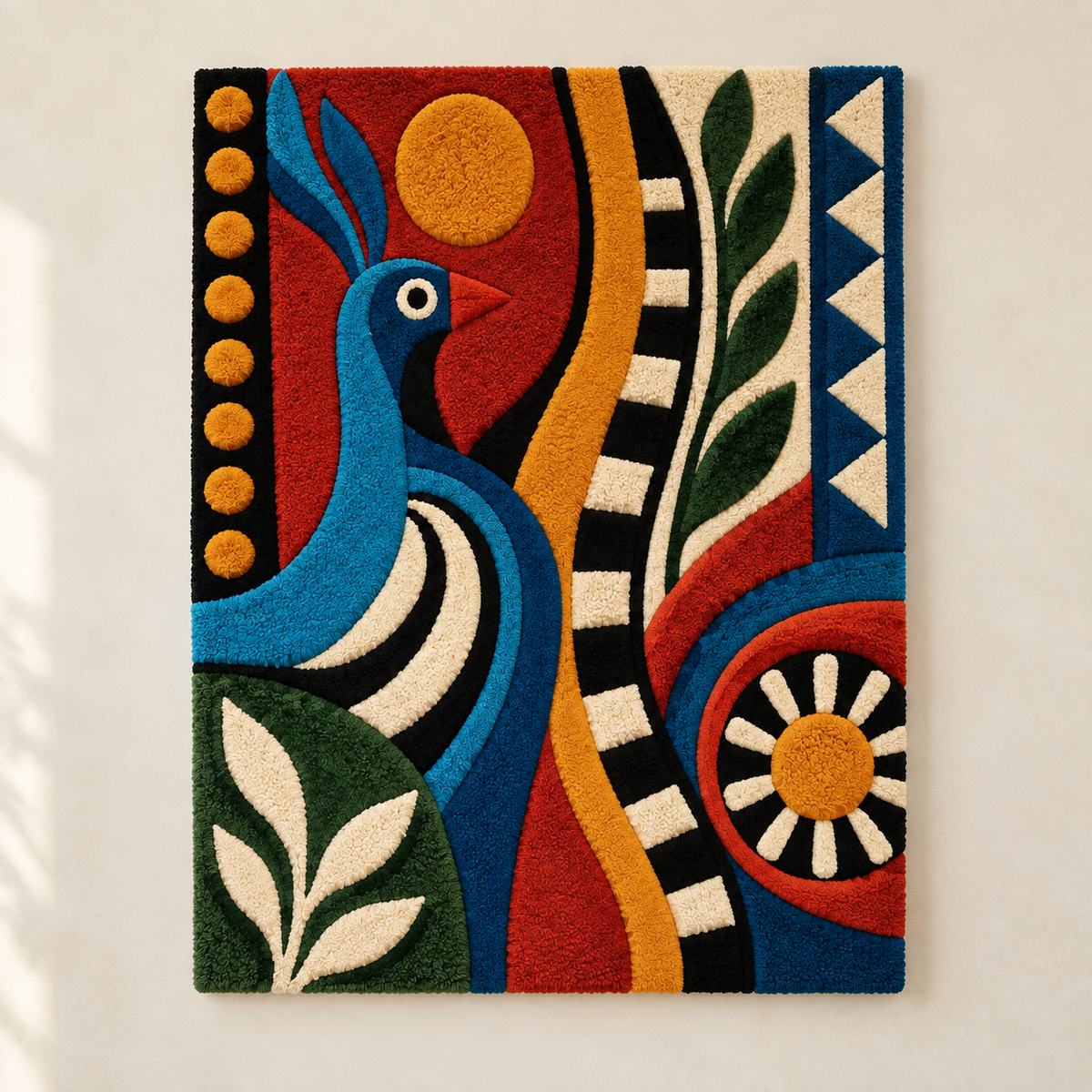 Hewn Earth wall art featuring a blue bird in a sunlit mosaic, showcasing vibrant colors and intricate mosaic detailing.