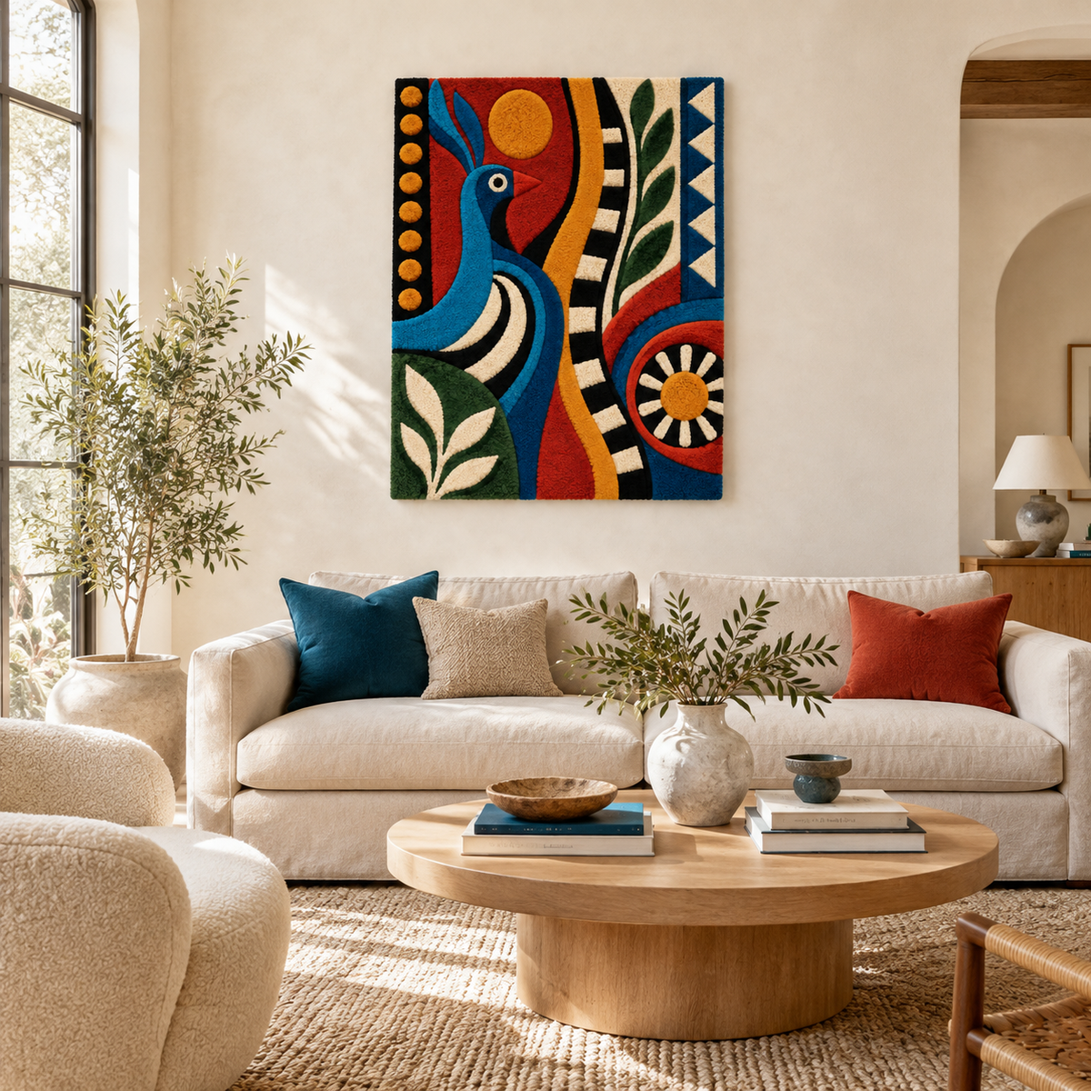 Hewn Earth wall art featuring a blue bird in a sunlit mosaic, displayed on a room wall with natural lighting.