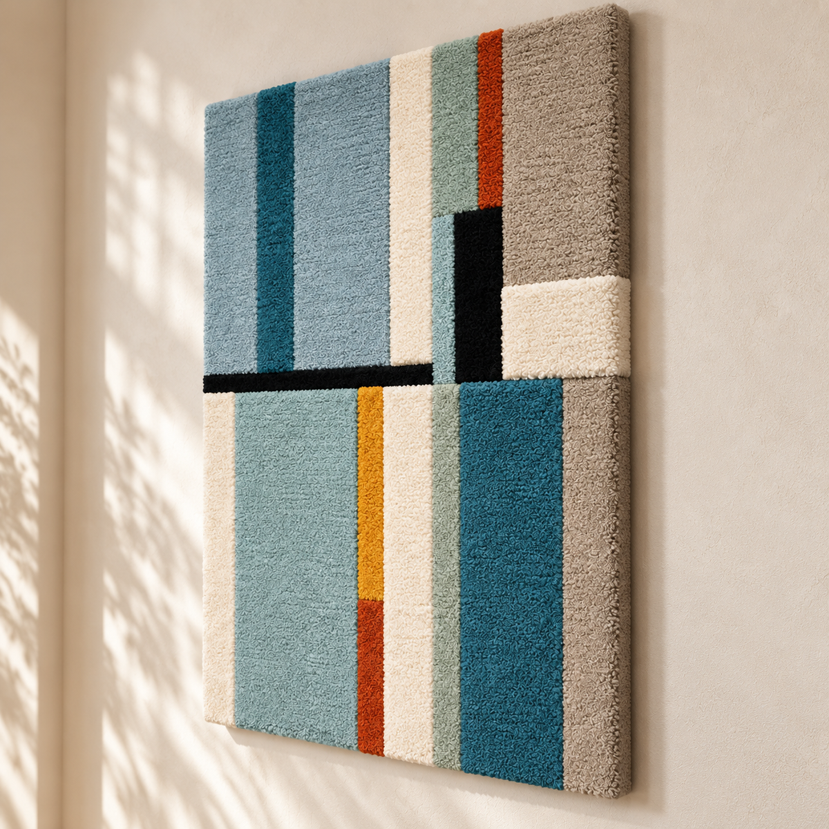 Hewn Earth blue and ochre wall art featuring abstract patterns, displayed from an angled perspective.