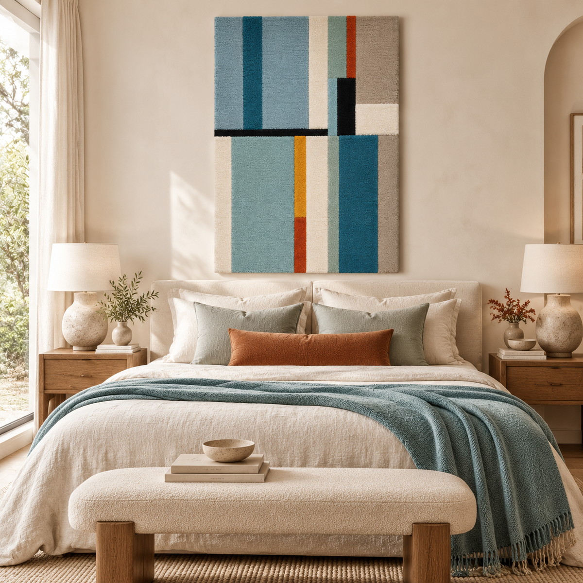 Hewn Earth Blue Cadence wall art featuring ochre accents, modern abstract design, hanging on a room wall.