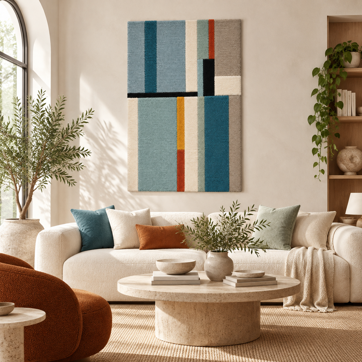 Hewn Earth Blue Cadence wall art with ochre accents, modern abstract design for contemporary home decor.