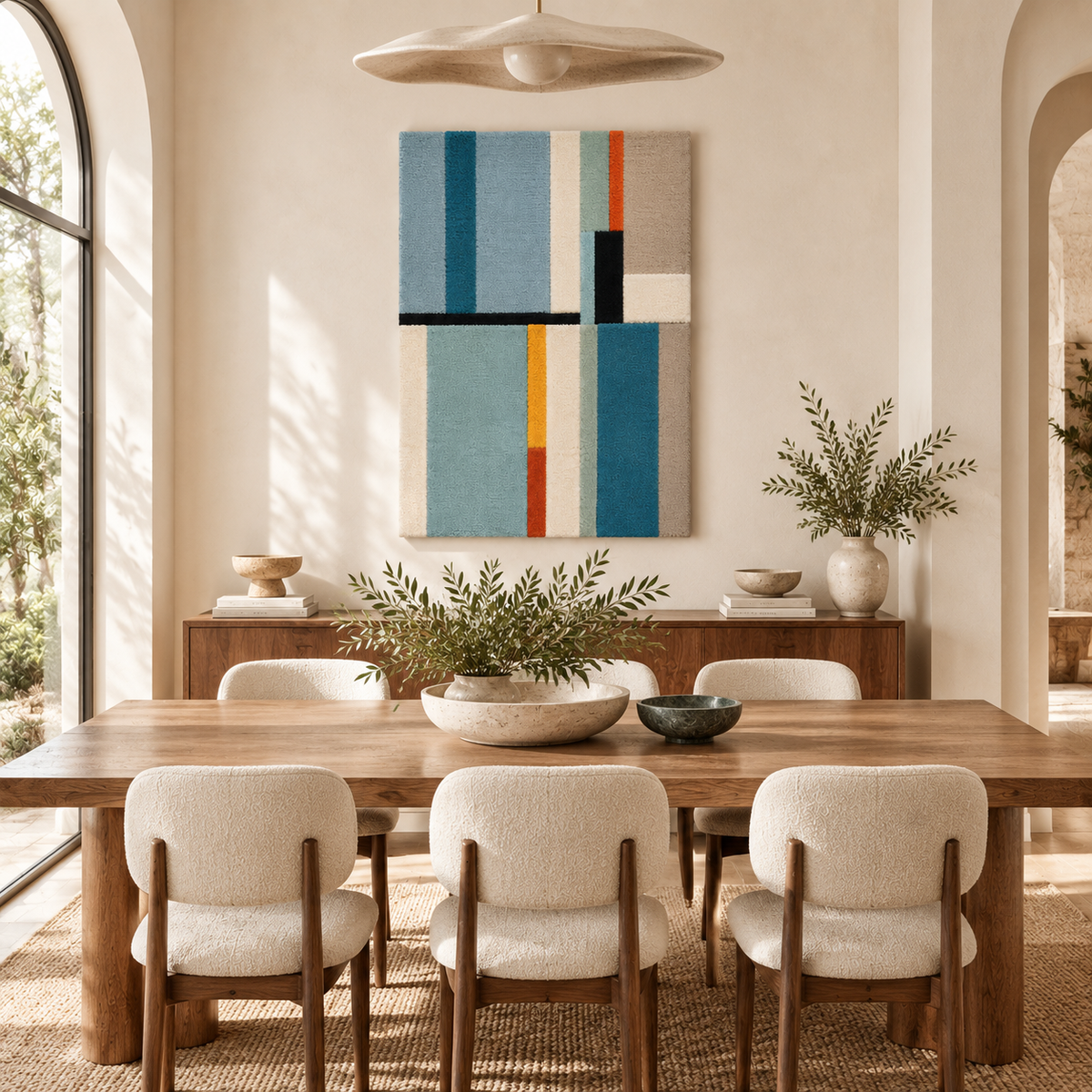 Hewn Earth wall art titled "Blue Cadence with Ochre" featuring abstract blue and ochre tones, displayed on a room wall.