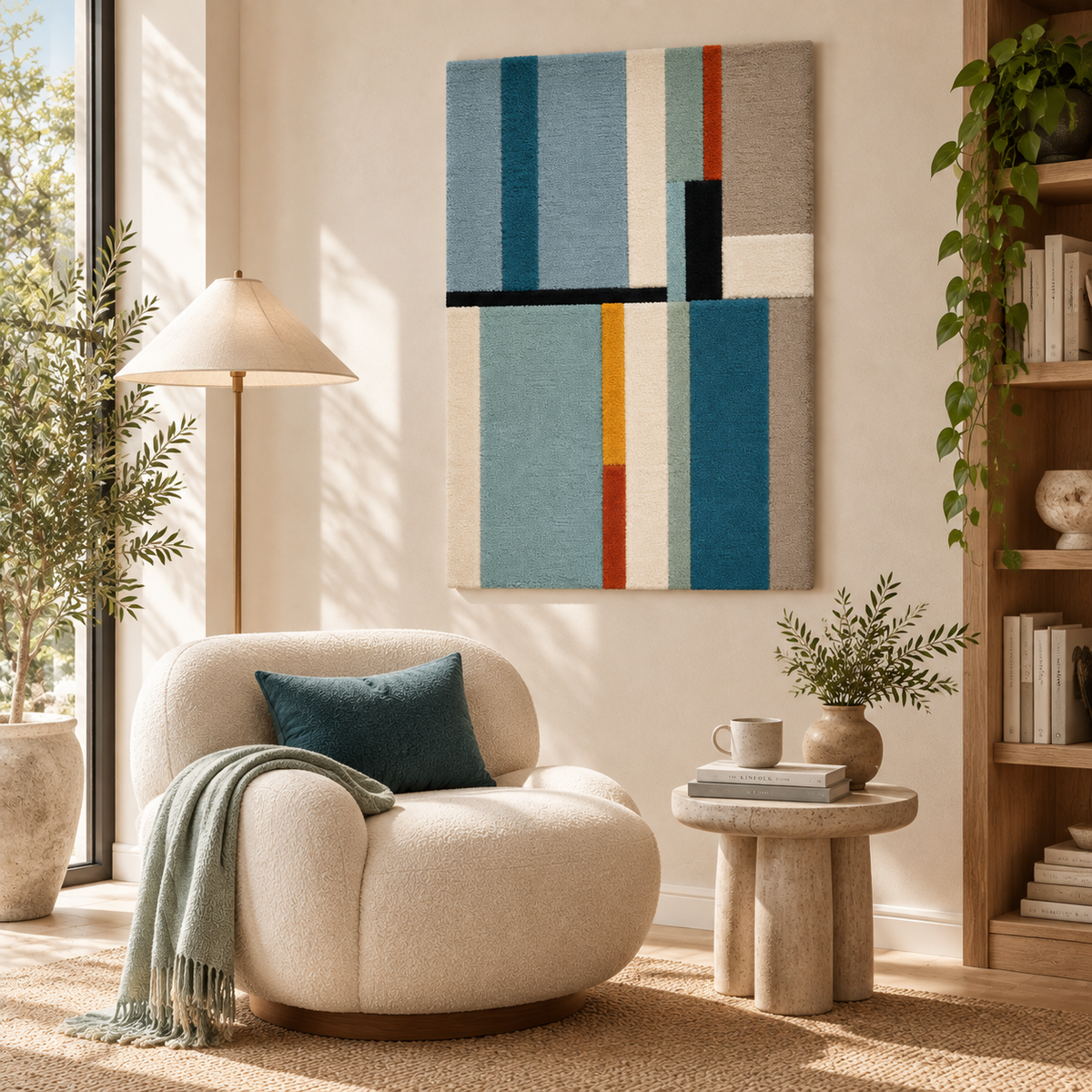 Blue Cadence wall art with ochre accents by Hewn Earth, featuring abstract design on a room wall.