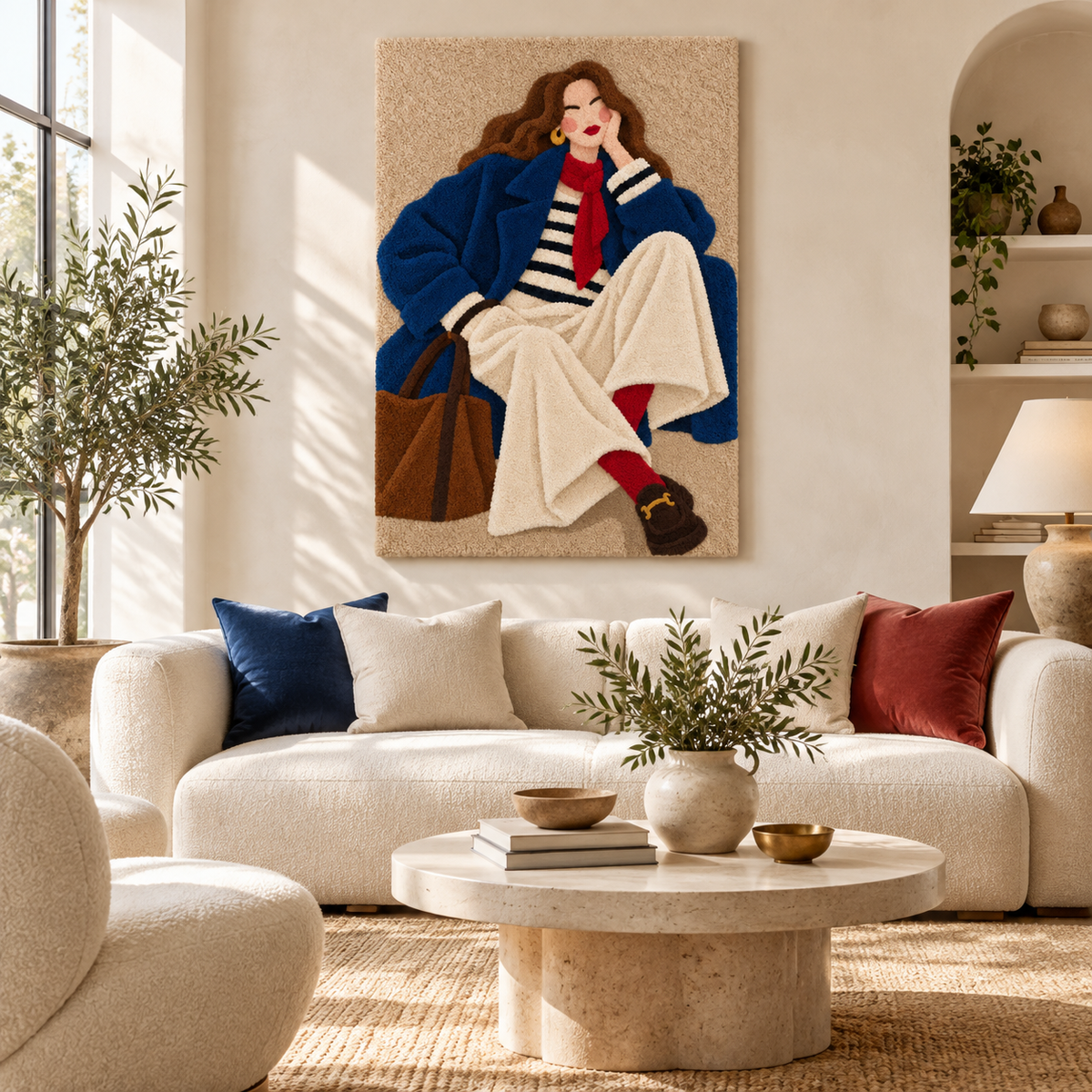 Blue Coat Pause wall art by Hewn Earth, featuring an abstract blue coat design displayed on a modern room wall.