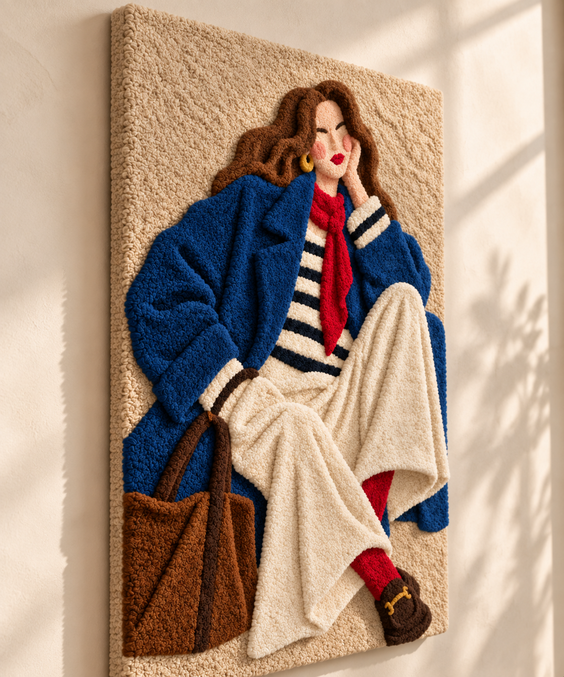 Hewn Earth Blue Coat Pause wall art featuring an abstract blue coat design, displayed from an angled view.