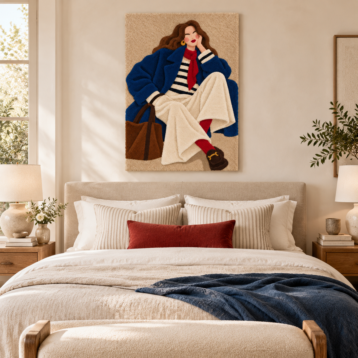 Hewn Earth Blue Coat Pause wall art featuring abstract blue and white brushstrokes on a textured background.