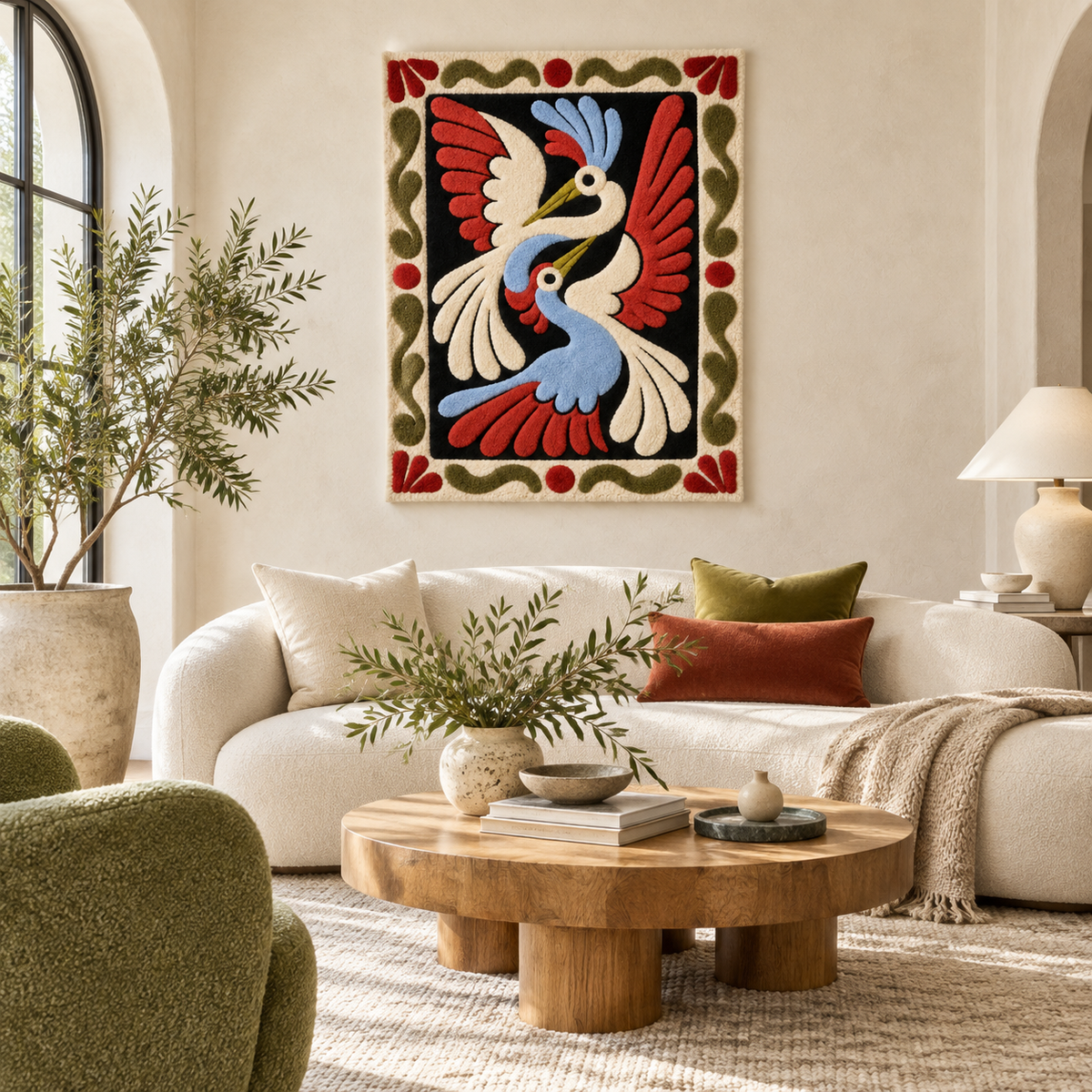 Blue cranes wall art by Hewn Earth featuring elegant cranes in scarlet flight, displayed on a modern interior wall.