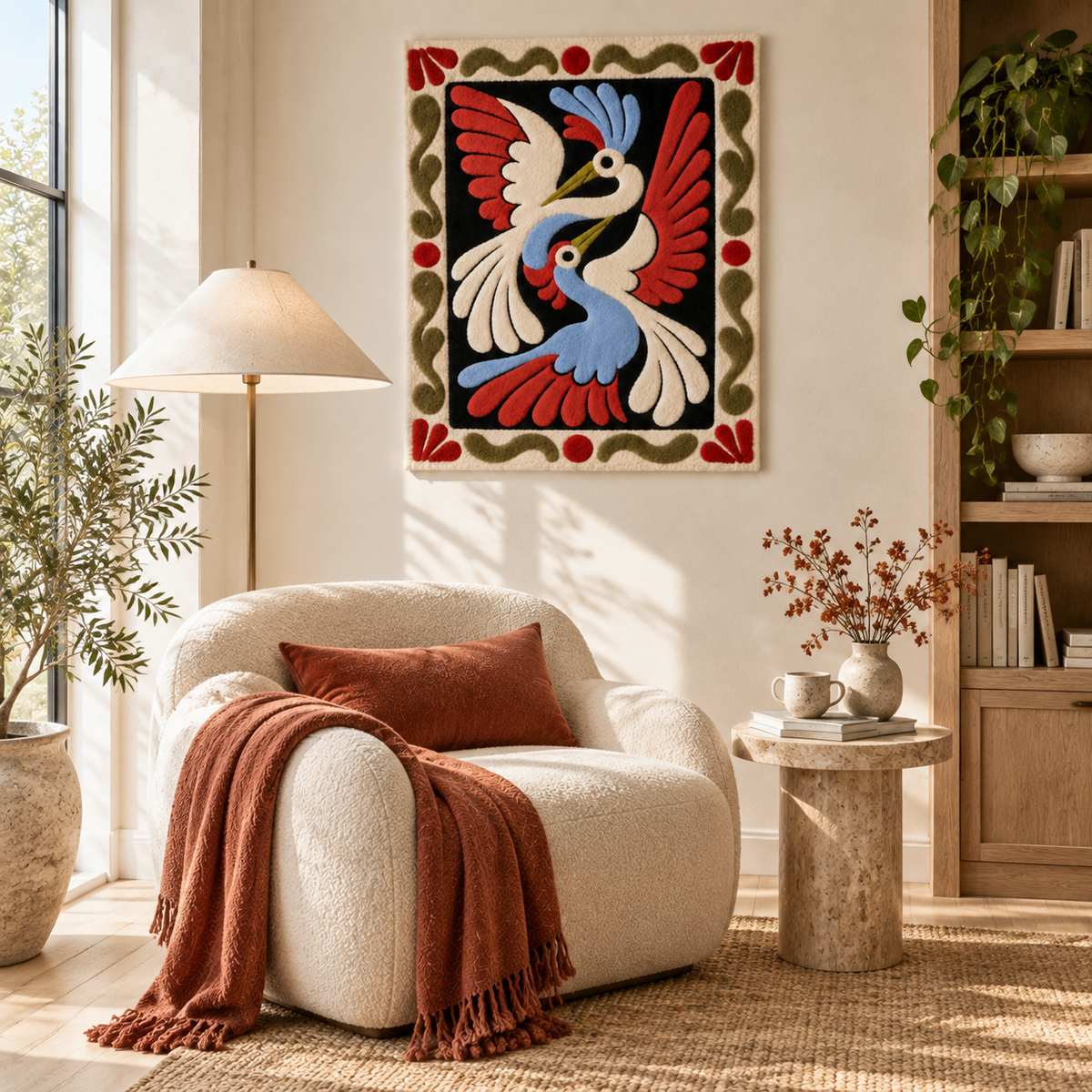 Blue Cranes in Scarlet Flight — room setting